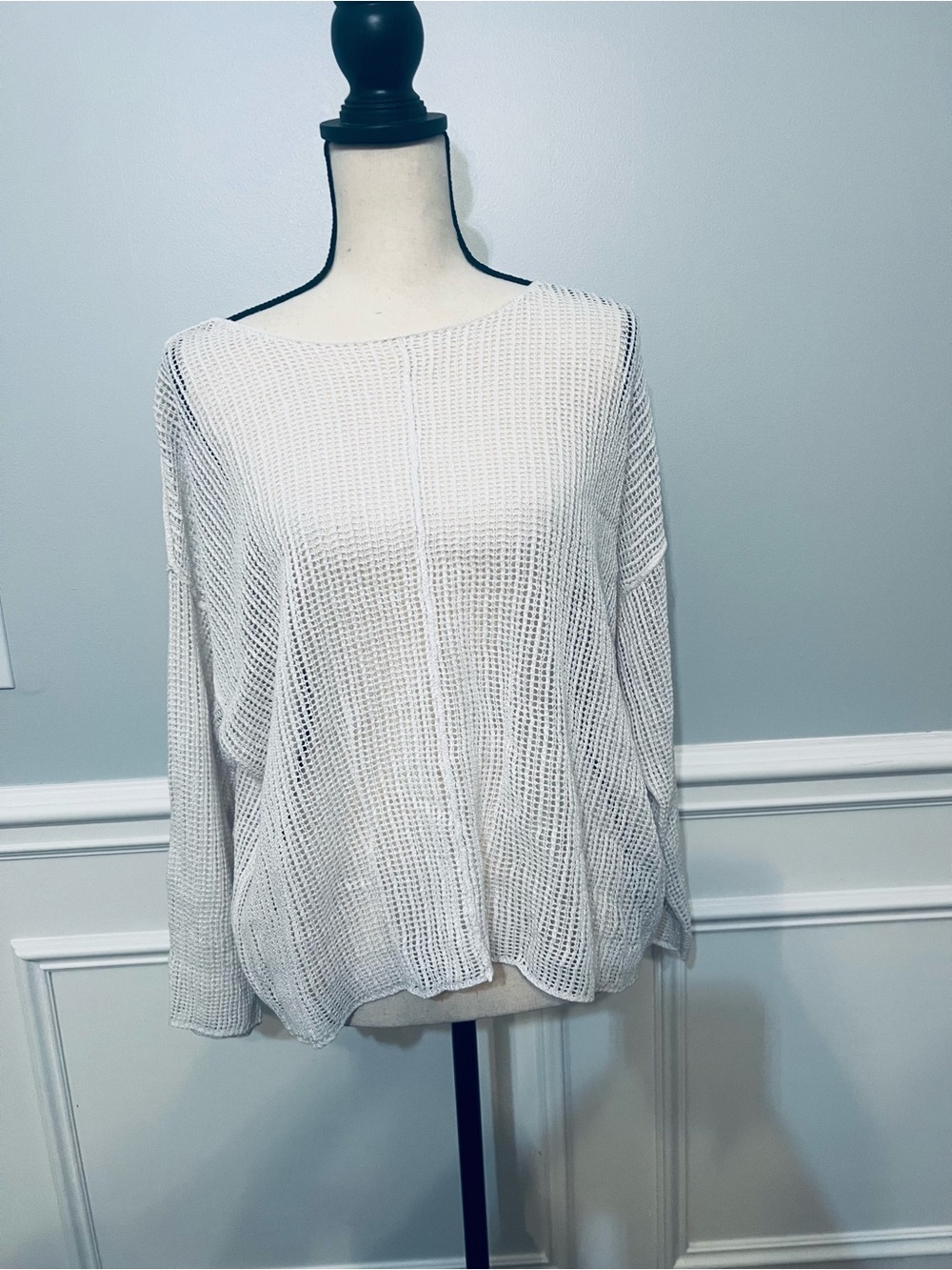 Eileen Fisher White Organic Linen Open-Knit Boat Neck Mesh Sweater L